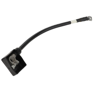 The AGCO | BATTERY CABLE - AG125765, a black flexible cable with a square connector at one end and a metal loop terminal at the other, currently has no product description information available.