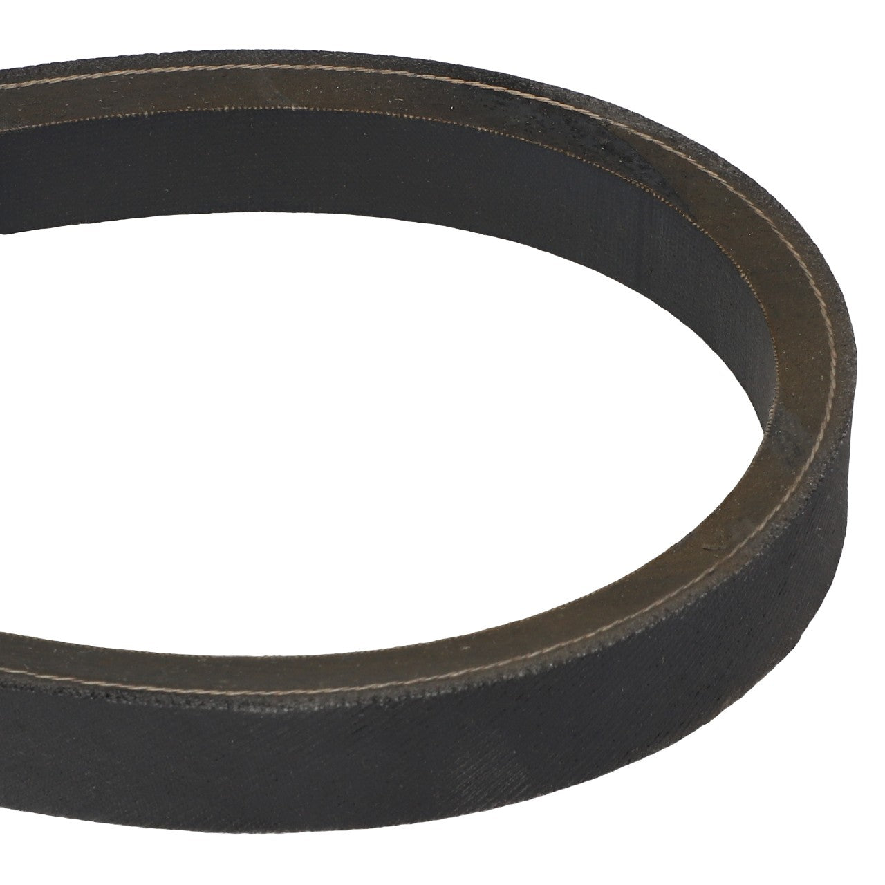 A close-up view of the sleek, black AGCO | BELT - KE964E, a circular rubber belt used in machinery.