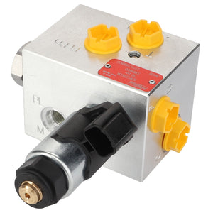 A metal hydraulic directional control valve branded AGCO, featuring yellow caps and a black connector. Product Name: AGCO | Valve - Acw125933A. No current product description information available.