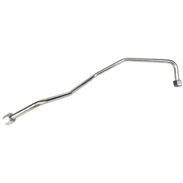 The AGCO Pipe - Acw1995940 is a metal brake line with an angled design, equipped with threaded connectors on both ends for secure and precise installation.