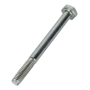 The AGCO | HEXAGONAL HEAD BOLT - ACP0084330 is displayed with partial threading and a shiny silver finish, featuring a standard hexagonal head. For any questions or ordering assistance, please contact our support team.