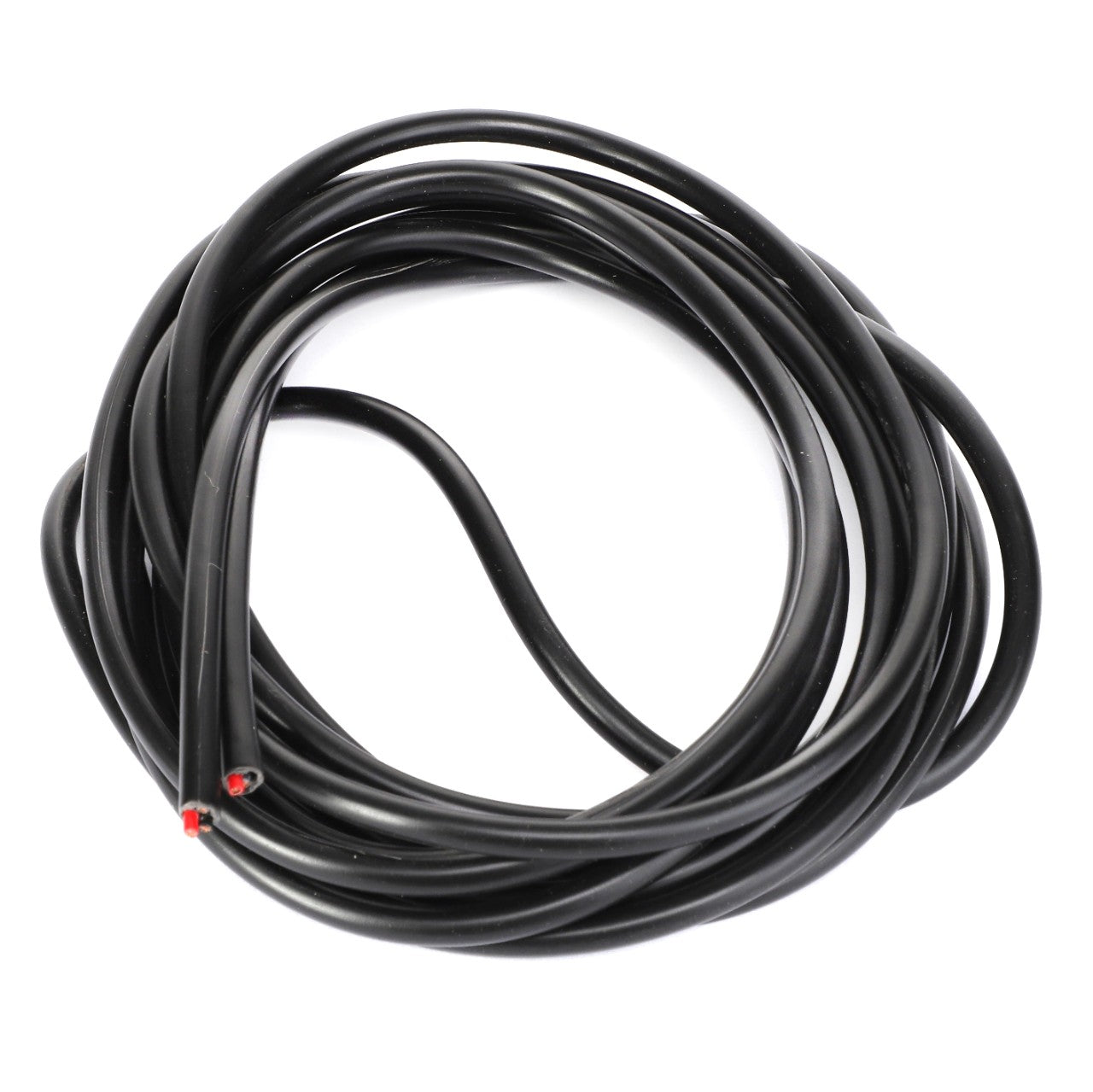 The AGCO CABLE - AL5024205, a coiled length of black electrical wire with visible red tips at both ends, is designed for various electrical applications. No current product description information is available.