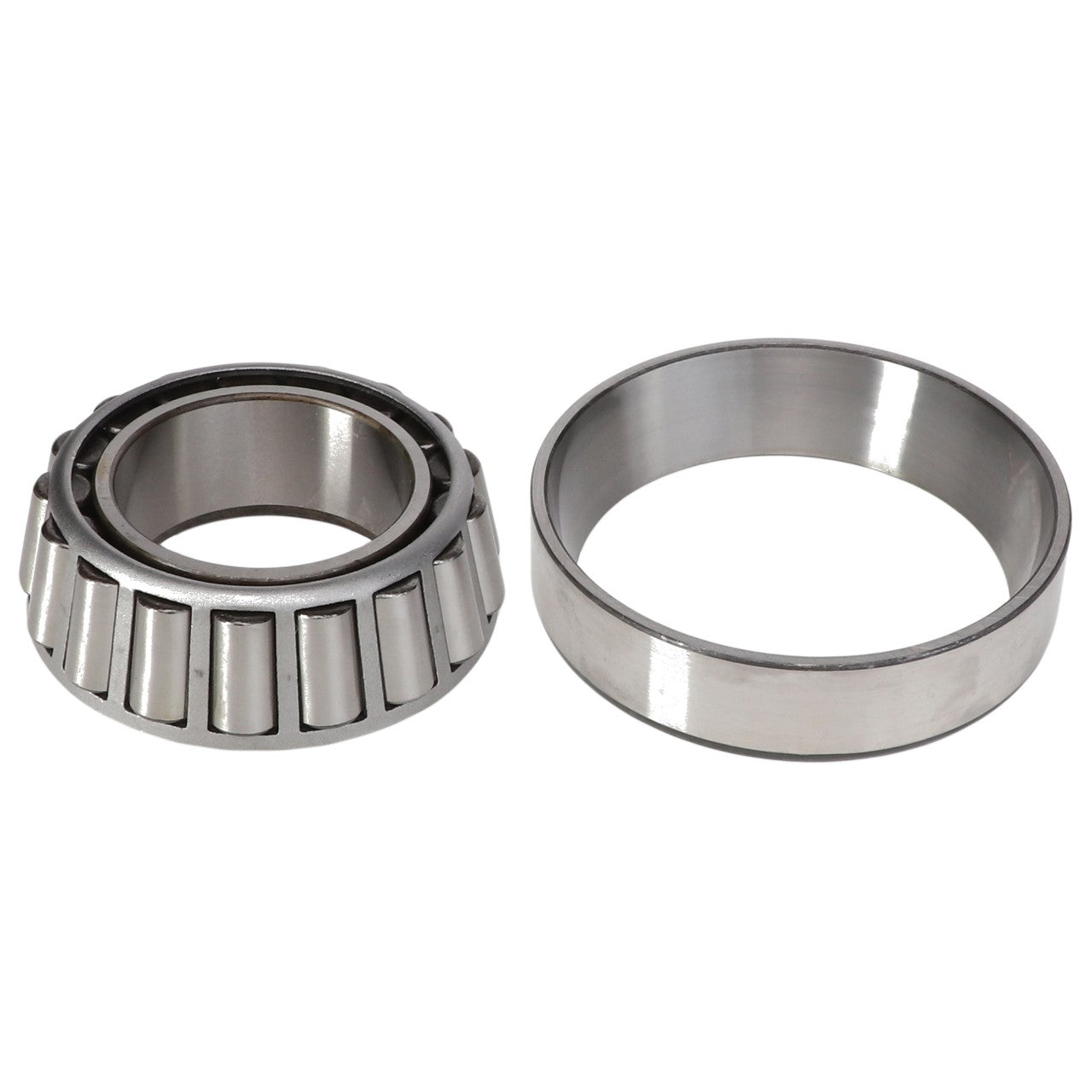 The AGCO | BEARING SET - ACP0142910, featuring the roller assembly (left) and the outer ring (right) placed side by side, ensures optimal contact for reliable performance. For further assistance, our support team is always ready to help with any product inquiries.