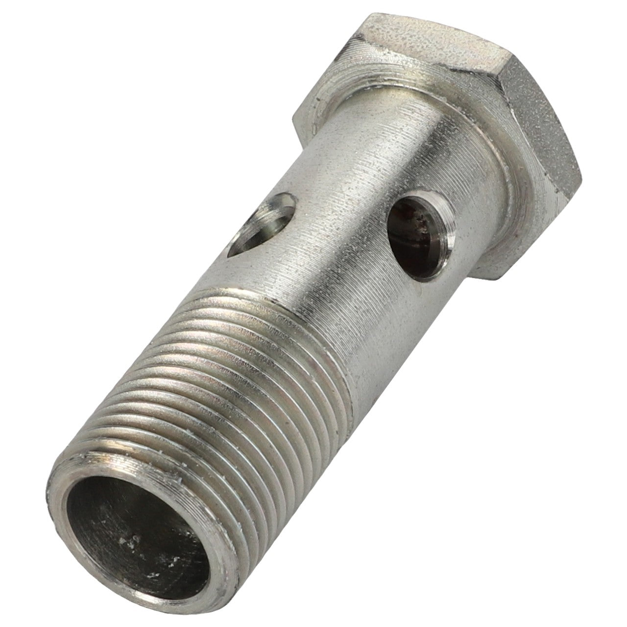 Close-up of the AGCO | Banjo Bolt - Acw0540940, featuring a metallic threaded body with two drilled holes and a hexagonal head. No current product description information is available.