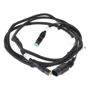 The AGCO Jumper - Acw9097820 is a coiled black automotive wiring harness that includes connectors at both ends, multiple protective sleeves, and distinct labels.