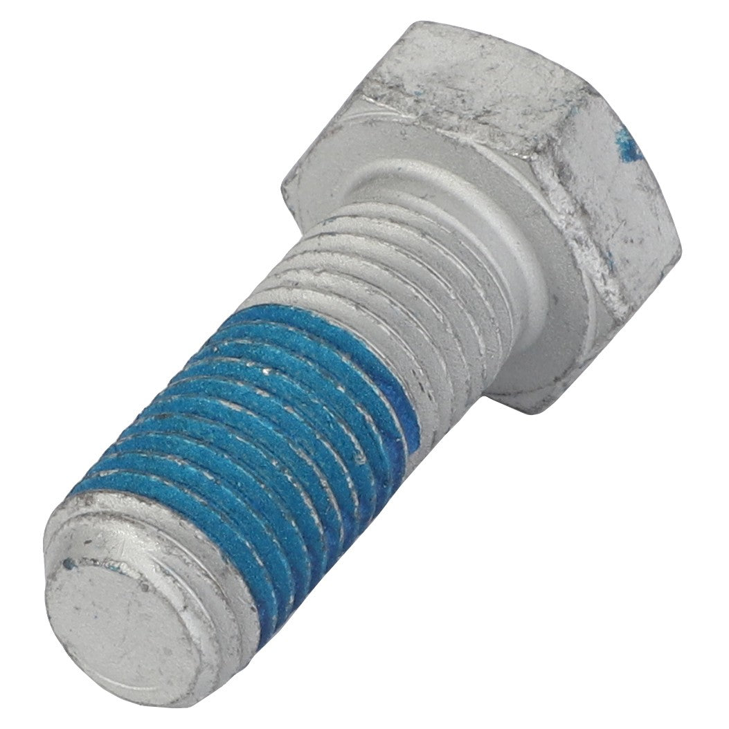 A close-up image of the AGCO HEXAGONAL HEAD BOLT - 0901-31-25-00 with a partially threaded blue section, showcasing its detailed craftsmanship. Please note, no current product description information is available.