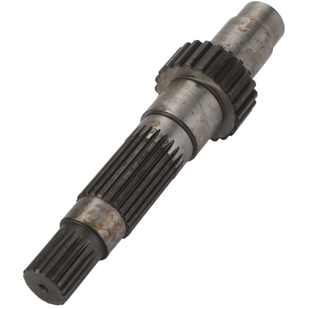 AGCO | SHAFT - D46100713 by AGCO is a metal gear shaft featuring two sets of gears, with visible wear on the surface. No current product description information is available.