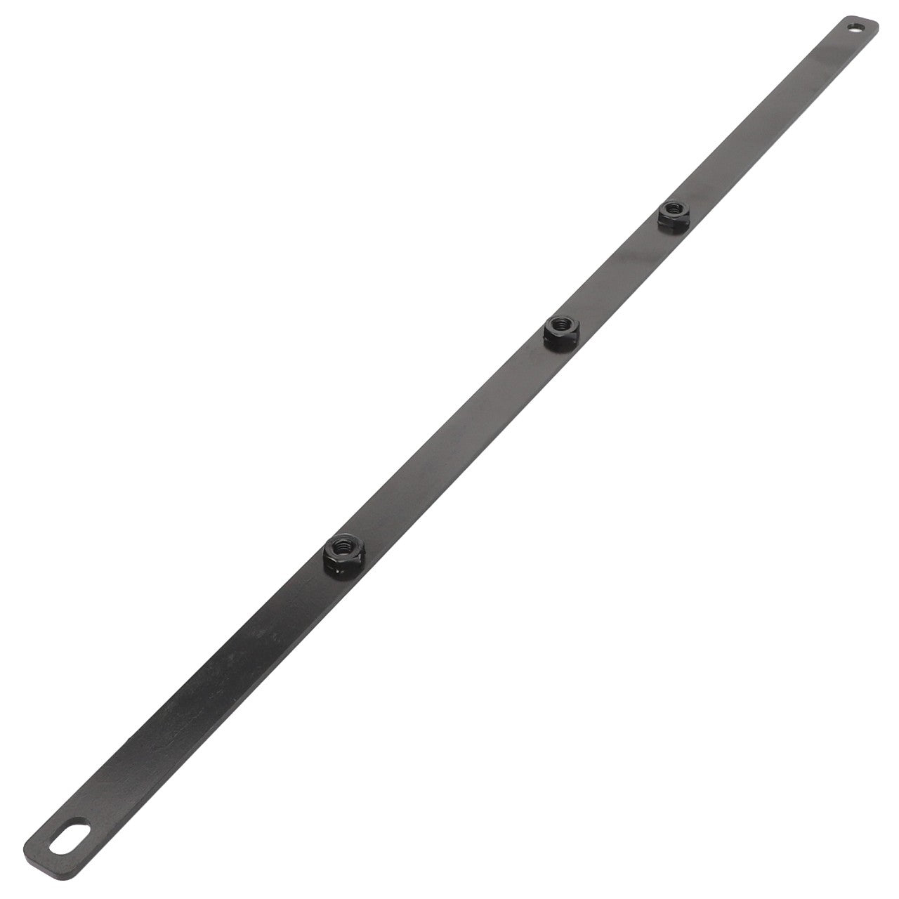 The AGCO | Support - Acw037499B, a long, slender metal bar from AGCO, features four evenly spaced attachment points and a hole at each end for versatile mounting options.