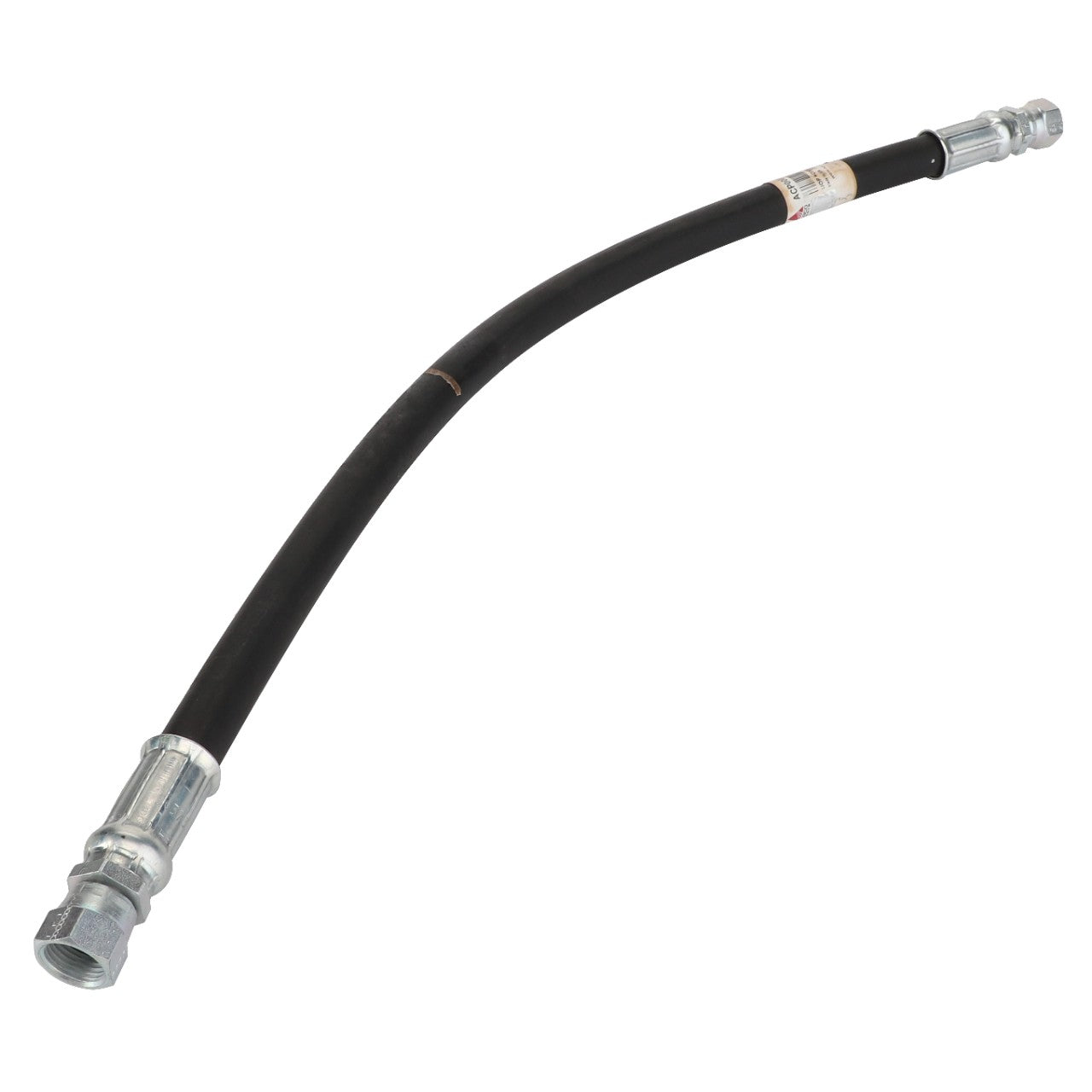 The AGCO Hydraulic Hose - Acp0003390 is a black hose with metallic connectors on both ends, designed with a slight curve. Currently, there isn't a detailed product description available.”