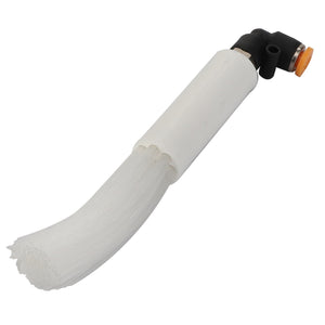 The AGCO Lubricating Brush - 1721-26-03-04 features a white nylon duct brush with a curved tip, attached to a cylindrical white handle and topped with a black and orange connector, making it suitable for maintenance on Valtra Models.