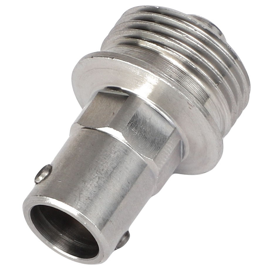 Close-up of the AGCO VALVE - AL10570188, a cylindrical metal threaded connector with a hexagonal base and external threading at the wider end.