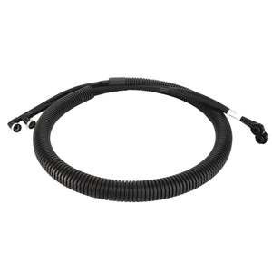 A coiled black corrugated hose with connectors on both ends, commonly used for plumbing or conduit applications, is the AGCO Coolant Line - Acw1049350 by AGCO.