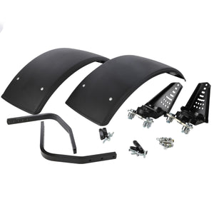 A set of AGCO Front Mudguard Kit - Acw088733A, including black plastic fender flares and mounting hardware, are laid out on a white background.