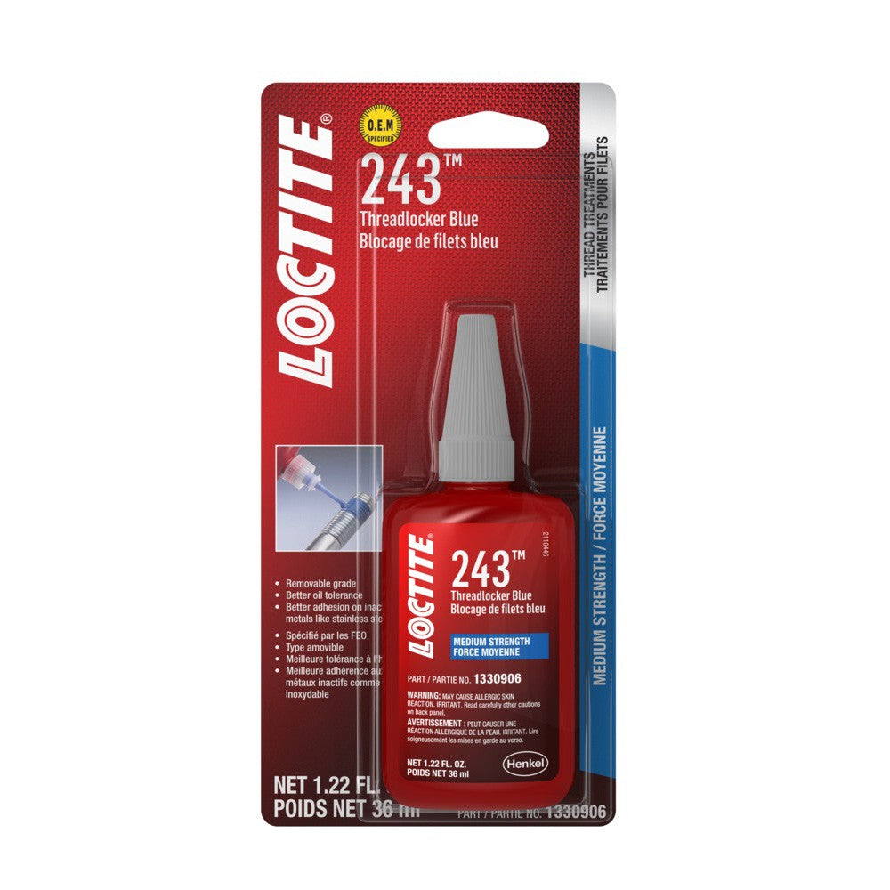 A red bottle of AGCO Loctite® Threadlocker 243™, showcased in its original packaging. This medium-strength threadlocker comes in a 1.22 fl oz (36 ml) size, perfect for ensuring secure adhesion and preventing loosening due to vibrations.