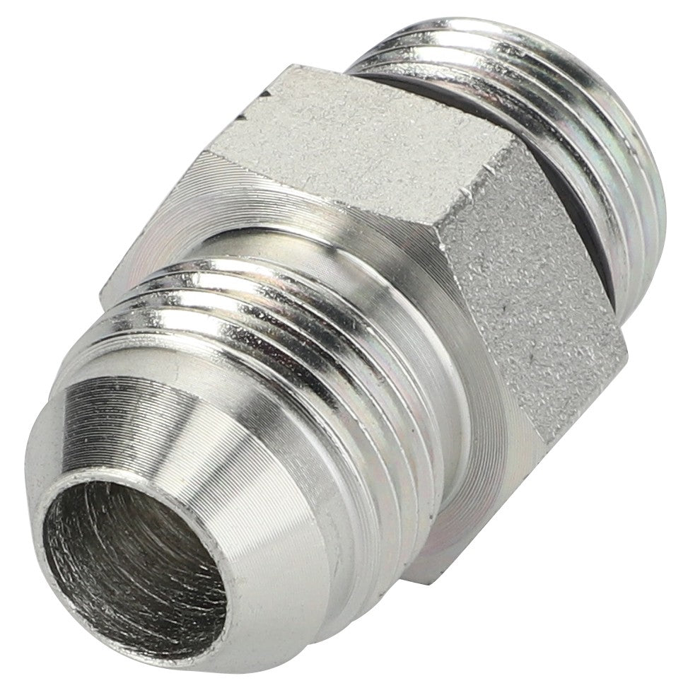 A close-up image of the AGCO ADAPTER - AL5028078, a hex nipple pipe fitting with threaded ends, commonly utilized in plumbing and industrial applications.