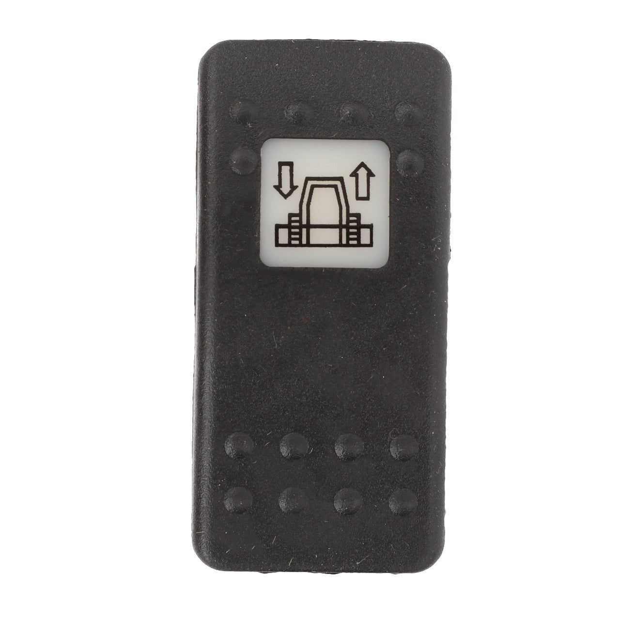 A rectangular black plastic button from AGCO, designated as BUTTON - D45000118, featuring a white icon of a seat with two arrows, one pointing up and one down. Product description is currently unavailable.