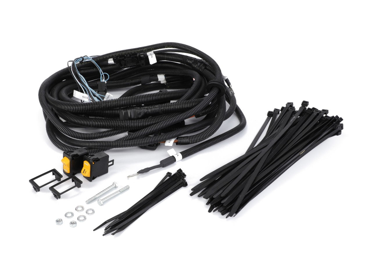 A vehicle wiring harness kit meticulously arranged on a white background includes cables, zip ties, connectors, brackets, screws, and other essential hardware components. Product Name: AGCO | Vertical Knives Control - C1173023 by AGCO. No current product description information available.