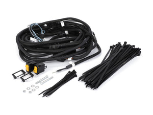 A vehicle wiring harness kit meticulously arranged on a white background includes cables, zip ties, connectors, brackets, screws, and other essential hardware components. Product Name: AGCO | Vertical Knives Control - C1173023 by AGCO. No current product description information available.