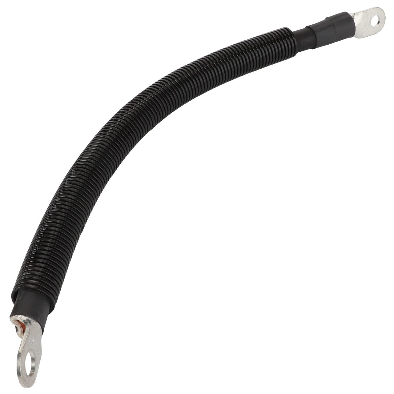 The AGCO | BATTERY CABLE - ACP0533180 is a curved black cable featuring metal eyelets at both ends. Additional product description information is currently unavailable.