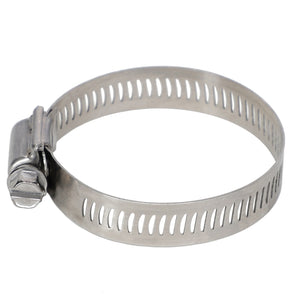 The AGCO HOSE CLAMP - AG561213, featuring a worm-drive mechanism and perforated band, is known for its durability and is ideal for various application equipment parts.