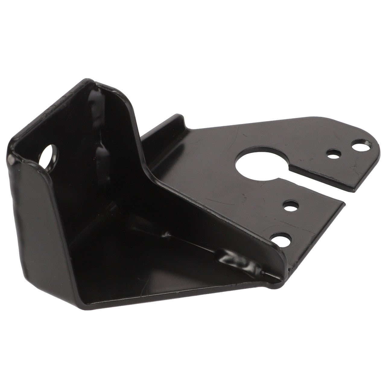 The AGCO Bracket - Acp0343910 is a black metal bracket featuring several holes for mounting. One side is angled while the other side is flat with a circular cutout. Further product description is currently unavailable.