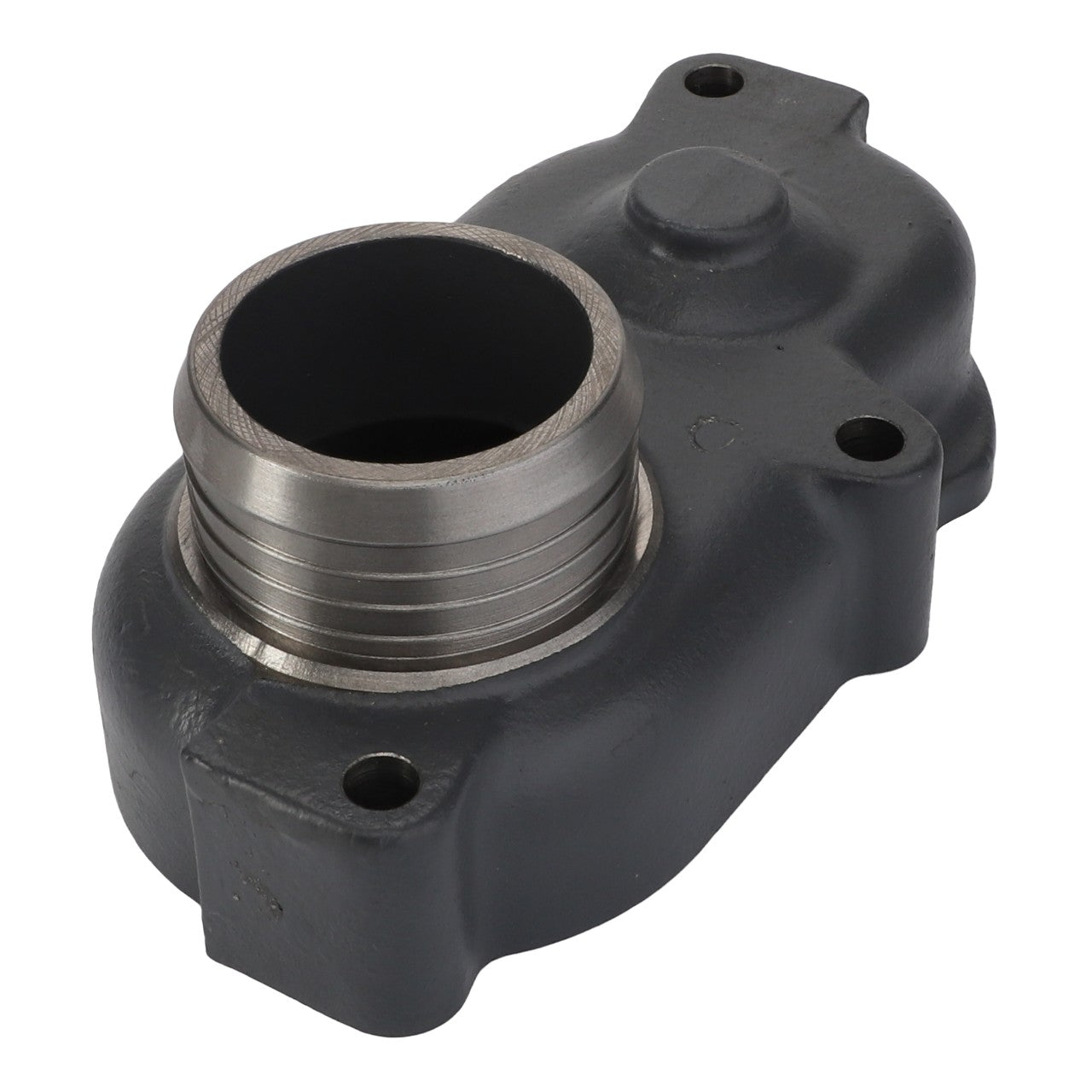 The AGCO Cover - Acw7494200 is a metal mechanical part with a threaded cylindrical opening and four mounting holes.