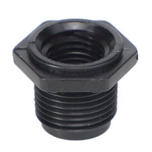 Close-up of the AGCO Hex Reducer Bushing (Ag051168), featuring a black plastic threaded pipe reducer bushing with a hexagonal head and both external and internal threads.