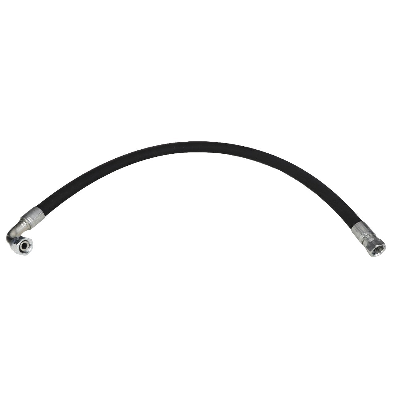 The AGCO HOSE - AL9031581 from AGCO is a flexible black hose featuring metal connectors on both ends and elegantly bent in a slight arc.