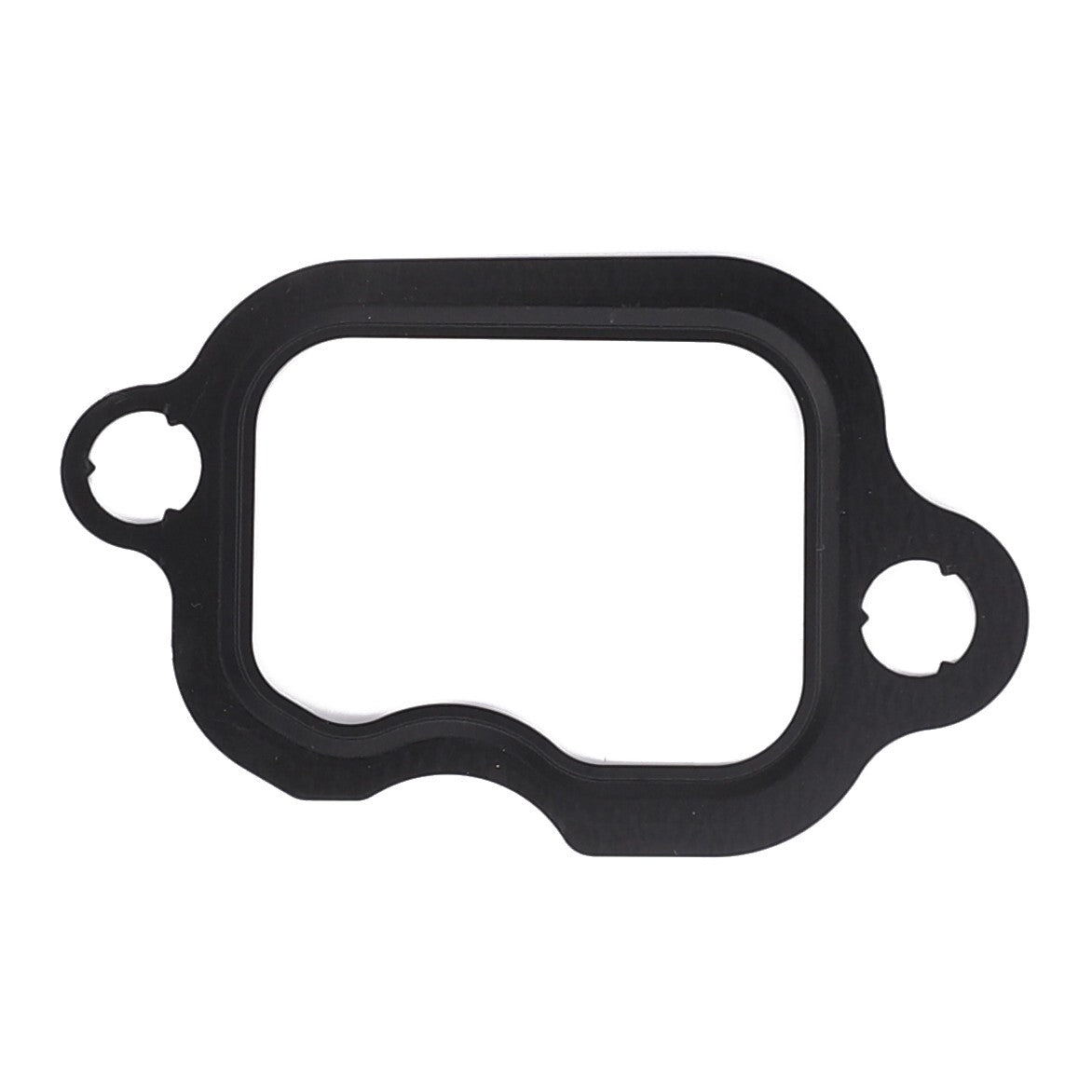 Image of the AGCO | Seal - F842201090680, a black gasket featuring a rectangular center and two circular holes on opposite sides for mounting, compatible with Massey Ferguson models.