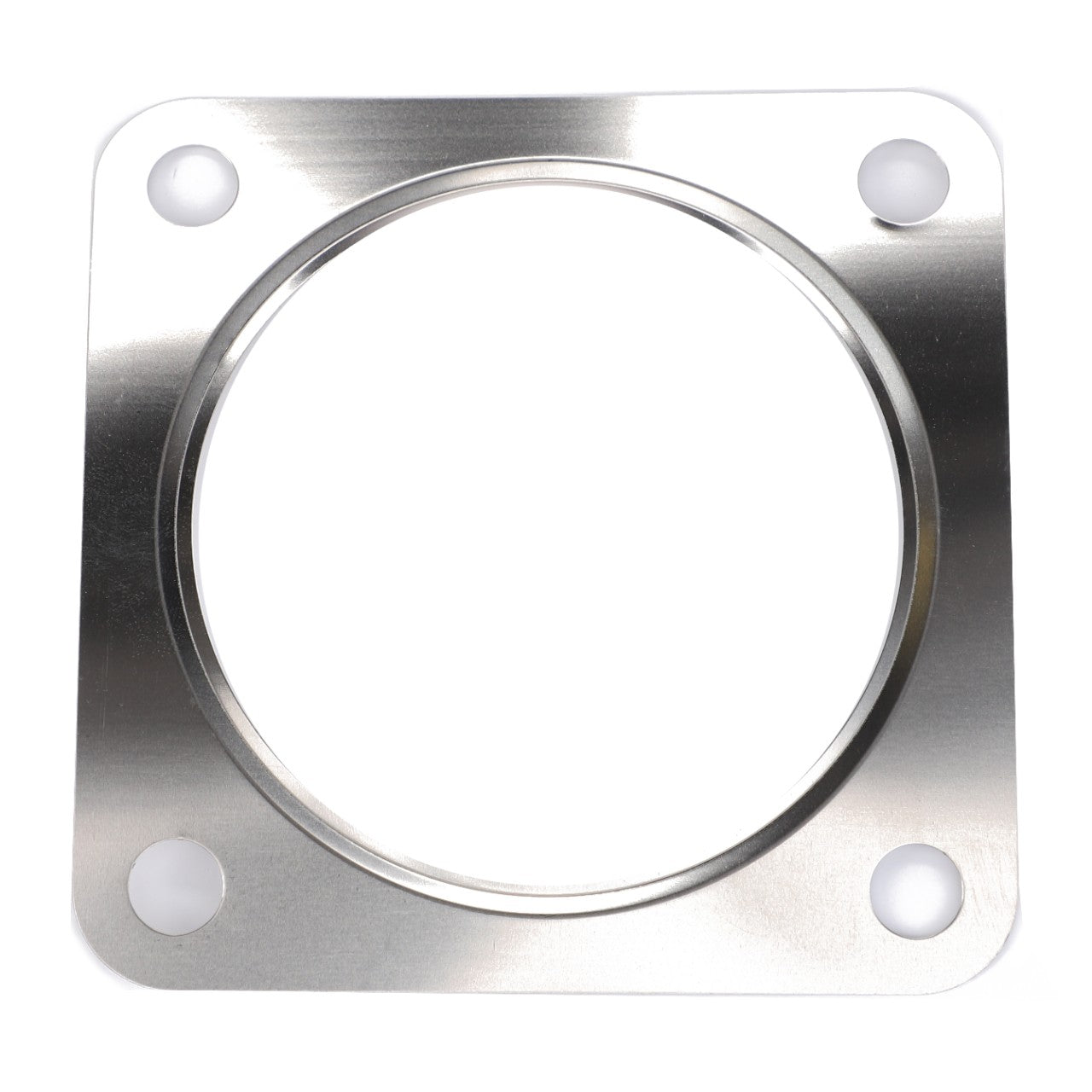 AGCO's Gasket, Intake Manifold - Acp0313350 is a square metal plate with a prominent central circular hole and four smaller holes accurately positioned at each corner.