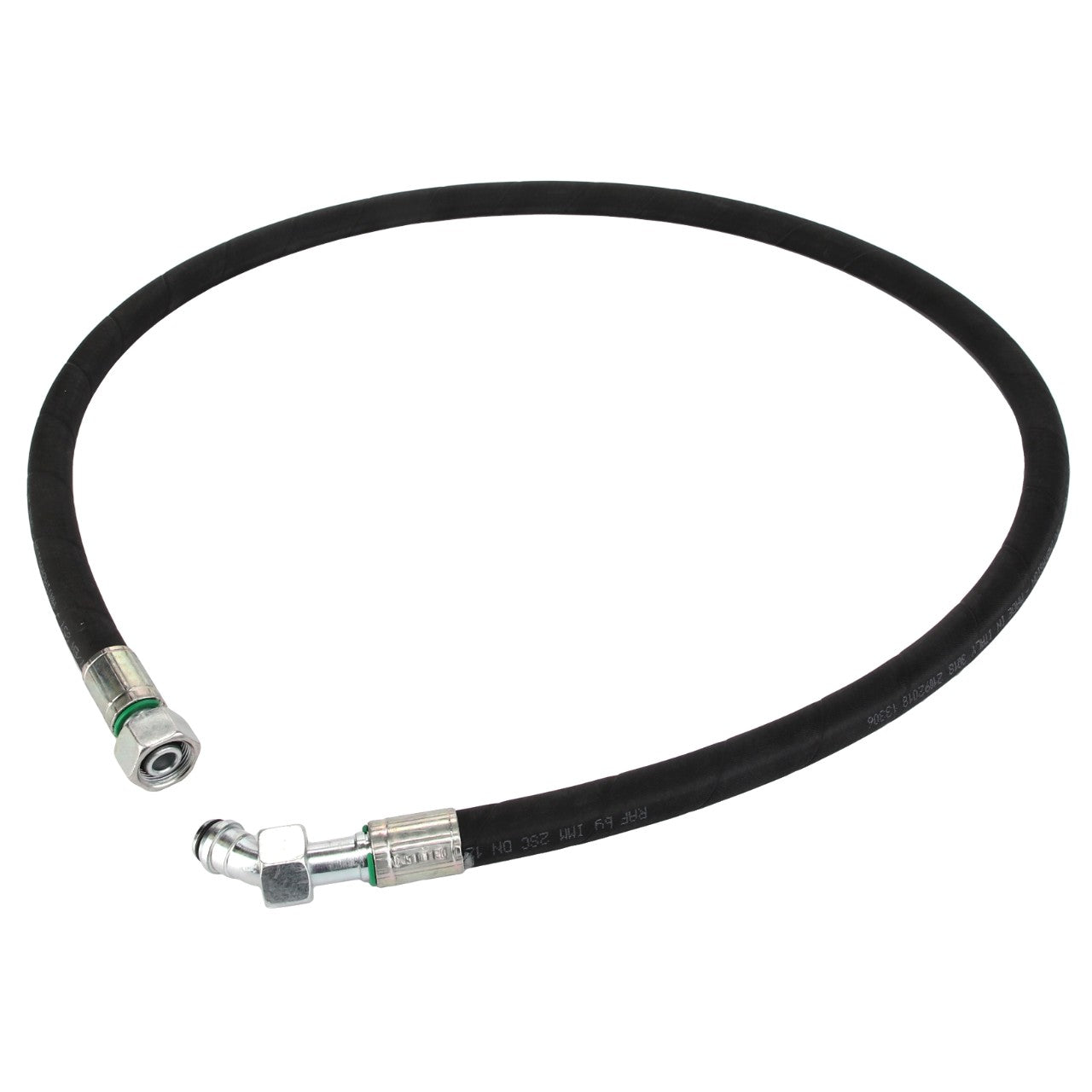 The AGCO Hose - Acw5101130 is a black hydraulic hose featuring metal connectors on both ends, coiled in a partial circle. This serves as our placeholder for the No Current Product Description section.