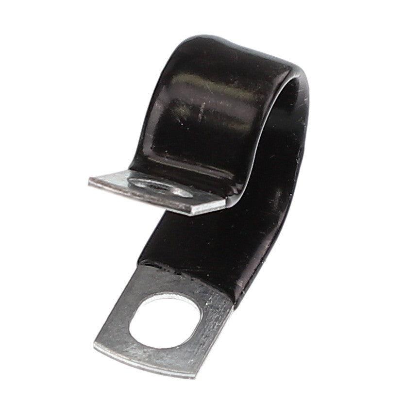 The AGCO | HOSE CLAMP - AG561488, a metal P-clamp from the brand AGCO, is designed for securing cables or pipes with a black rubber coating and features a screw hole for easy mounting. No current product description information is available.