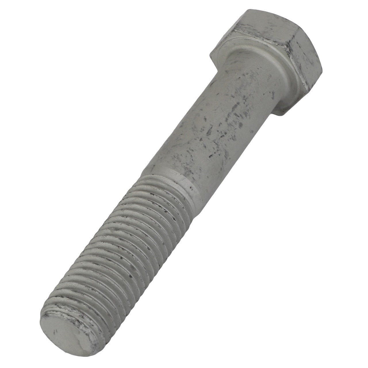 Close-up of an AGCO Hexagonal Head Bolt - Sn1891, exhibiting a weathered metal finish on its hexagonal head and partially threaded shaft, with noticeable signs of wear and surface scratches.