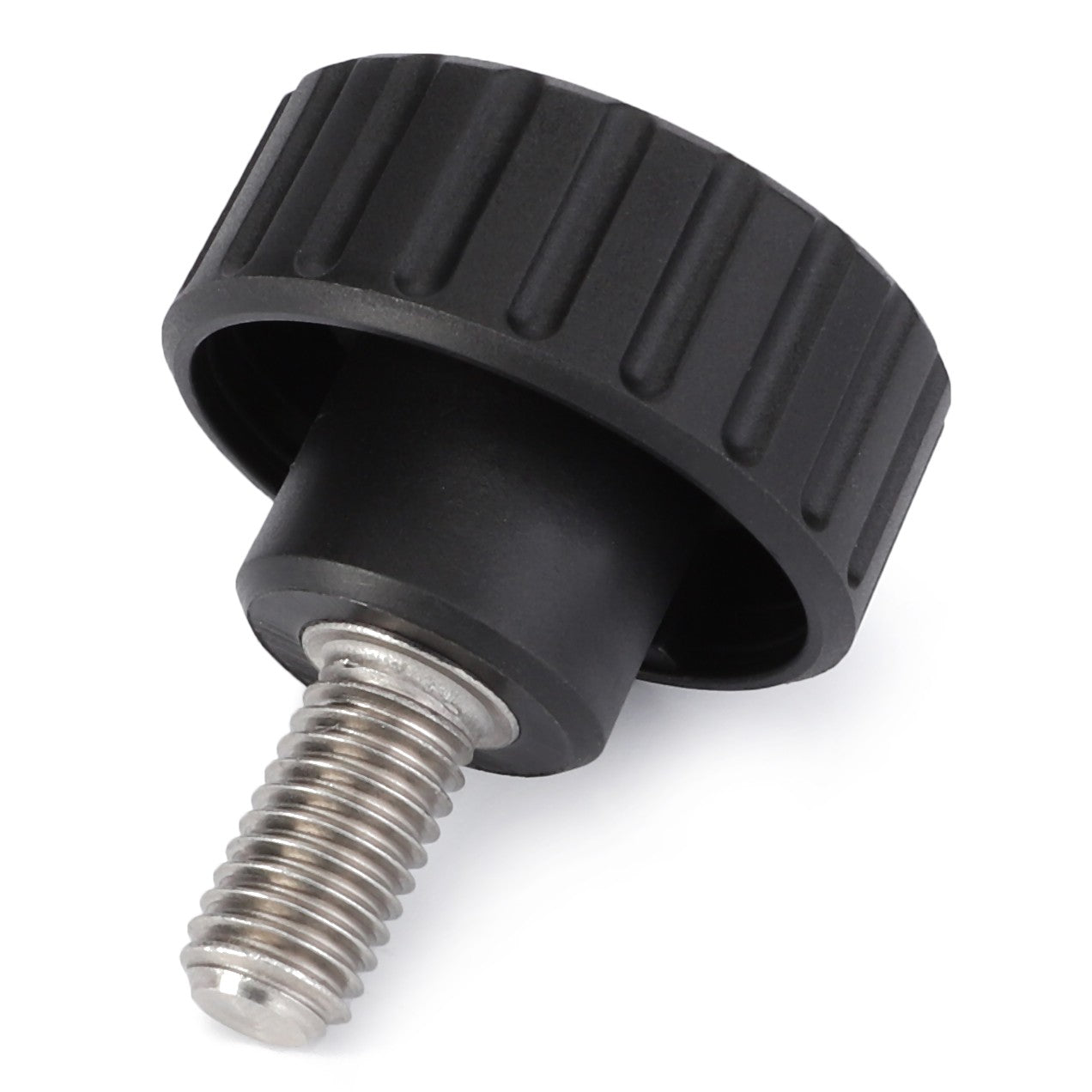 The AGCO Thumbwheel - 4381202M1 is a black plastic knob featuring a threaded metal screw, designed for attachment and adjustment purposes, making it ideal for Massey Ferguson applications.