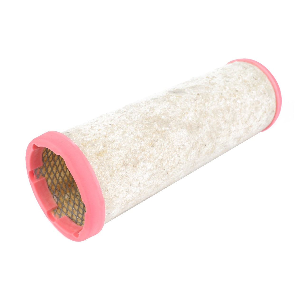 The AGCO | Engine Air Filter Cartridge - 6211382M1 features a cylindrical design with pink rubber ends and a textured, off-white surface, engineered for superior filtration efficiency and optimal engine protection.