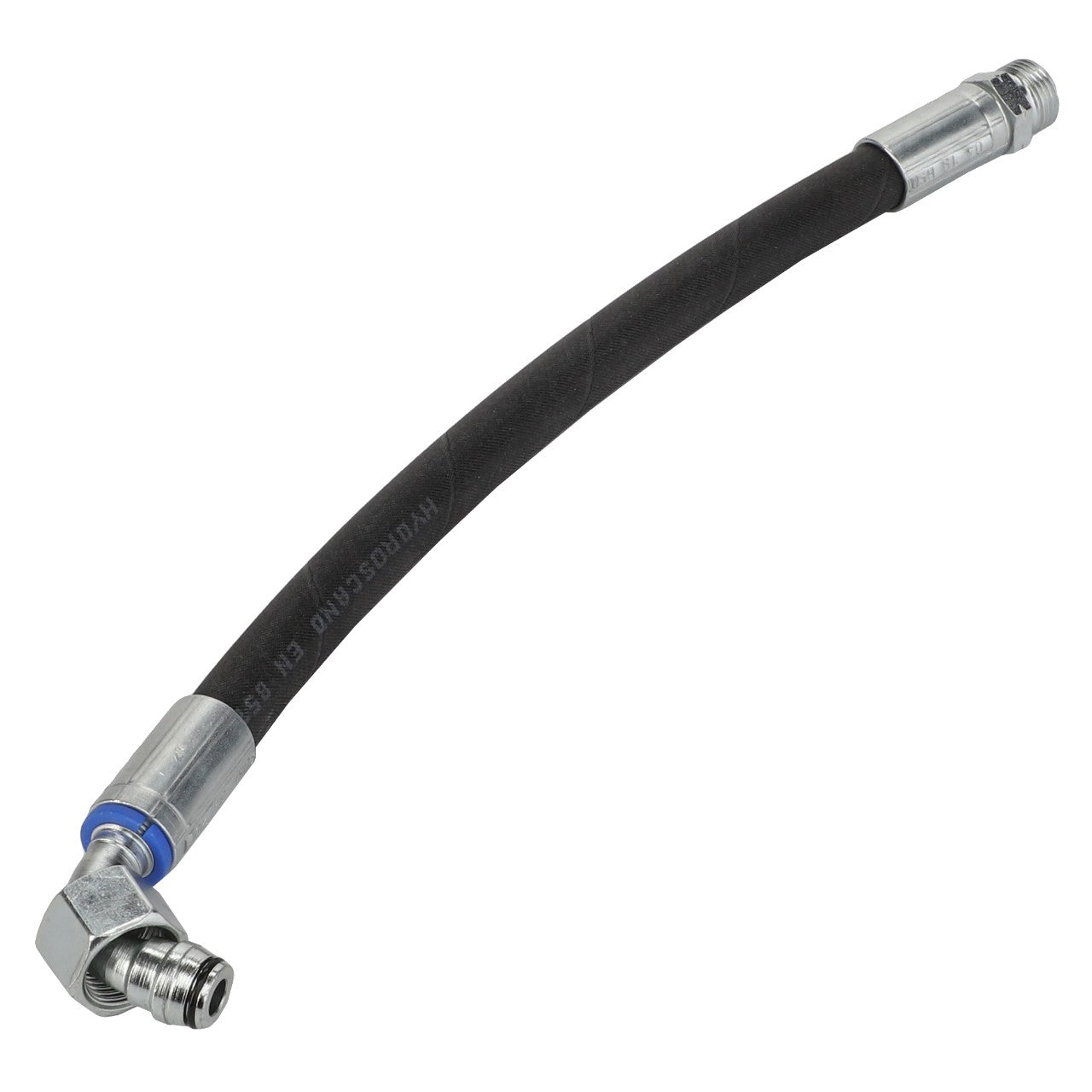 We don't have a detailed product description at the moment, but here's what we do know: the AGCO Hydraulic Hose - Acw2864920, made by AGCO, is a black hydraulic hose equipped with metal fittings at both ends. One end features a straight fitting, while the other end has a 90-degree elbow fitting.