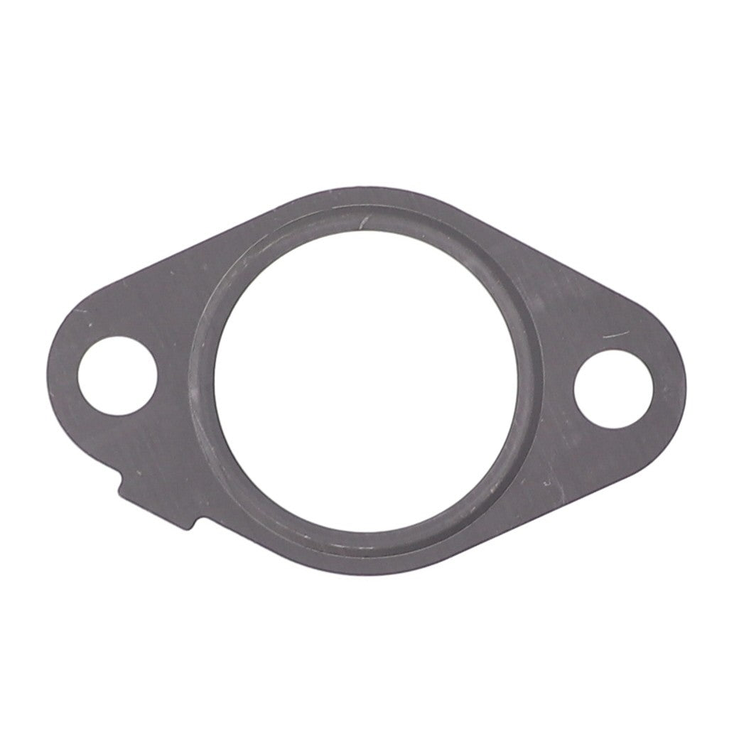 An AGCO Gasket - F530200090180, features a metal construction with a central circular opening and two smaller holes on either side. No current product description is available for this item.