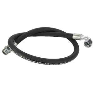 An AGCO hydraulic hose with metal fittings at both ends, model Acw3128480: one straight and one angled. No current product description information is available for the specifications written on its surface.