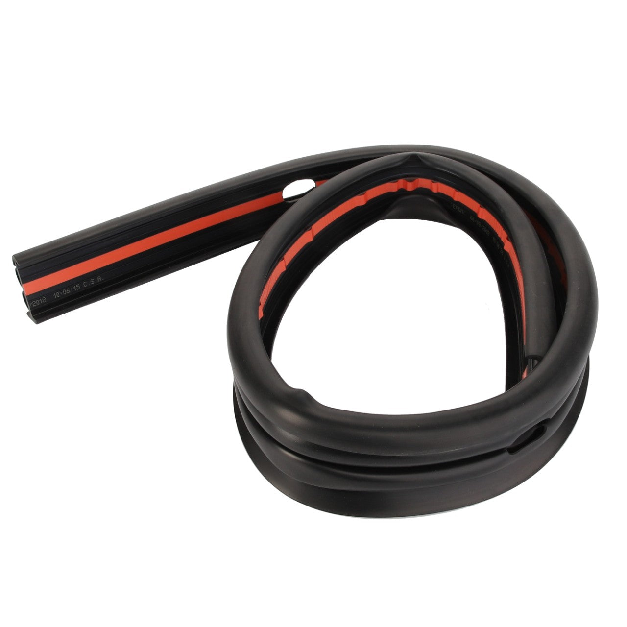 The AGCO Gasket - Acp0418860 by AGCO is a coiled black rubber weatherstrip that features an adhesive red strip on one side for easy application.