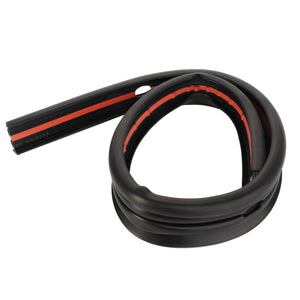 The AGCO Gasket - Acp0418860 by AGCO is a coiled black rubber weatherstrip that features an adhesive red strip on one side for easy application.