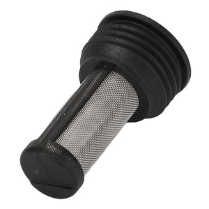 The AGCO Filter - Acp0677400 is a cylindrical metal mesh filter featuring a ridged black plastic cap and base, ideal for filtering fluids or air in machinery or appliances.