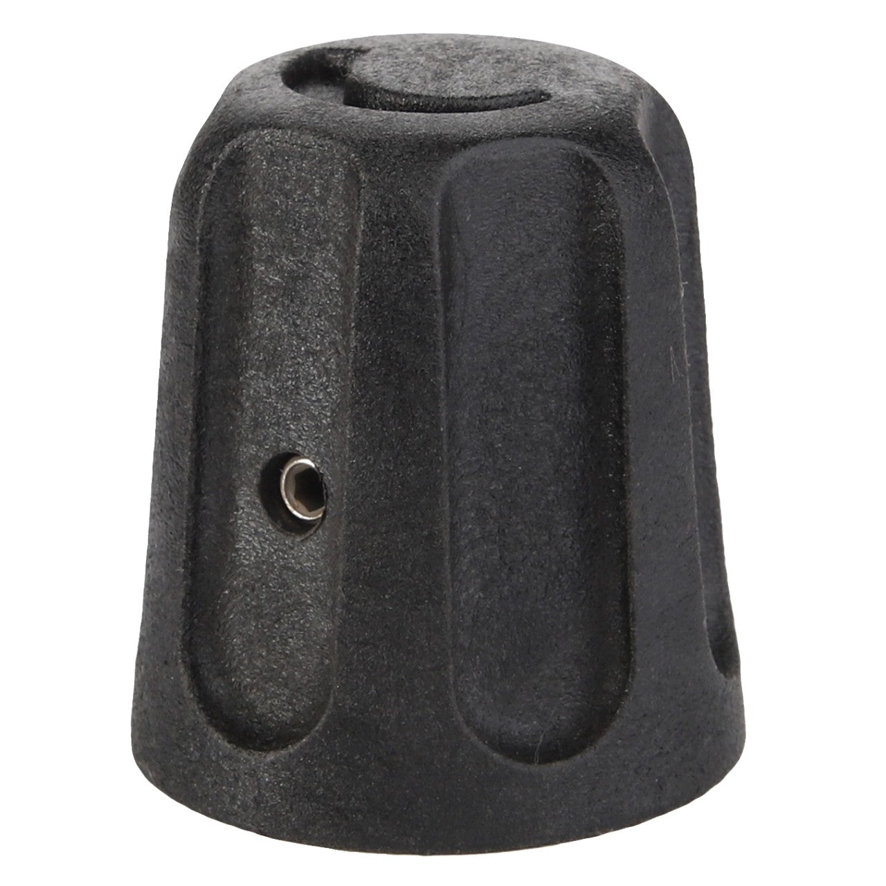 No current product description available for the AGCO | Knob - Acp0348770, a black plastic control knob with a set screw hole, typically used on electronic devices or appliances for adjusting settings.