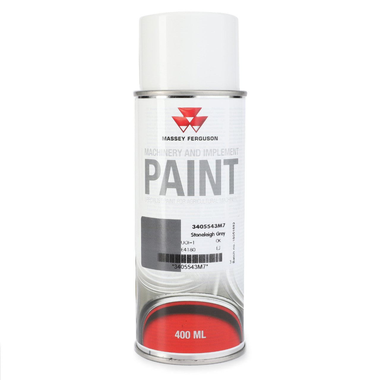 A 400 ml aerosol of AGCO Mf Stoneleigh Grey (product code 3405543M7) machinery and implement paint, perfect for quick-drying touch-ups on metal surfaces.