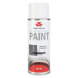 A 400 ml aerosol of AGCO Mf Stoneleigh Grey (product code 3405543M7) machinery and implement paint, perfect for quick-drying touch-ups on metal surfaces.