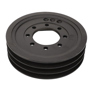 The AGCO PULLEY - D28750079 is a black, multi-grooved component featuring a central hole and several smaller surrounding holes, designed for use in machinery with belt-driven systems.