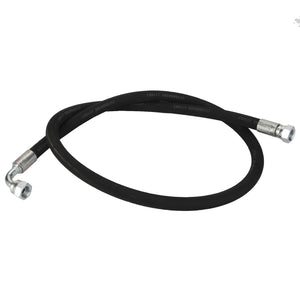 The AGCO HYDR. HOSE - AL1103223, a black hydraulic hose with metal fittings at both ends, is coiled in a loop on a white background. No current product description information available.