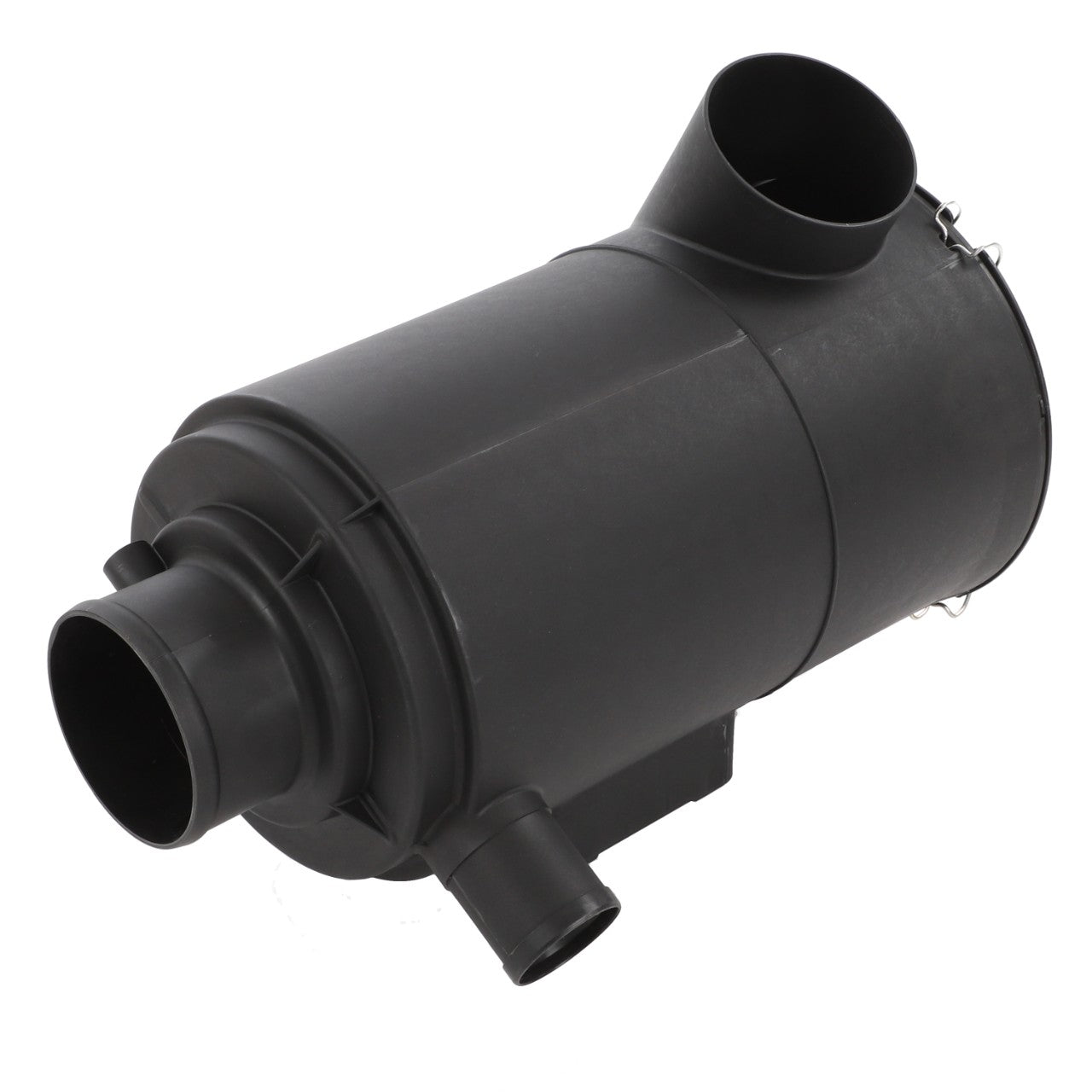 The AGCO | Engine Air Filter - Acw102787A is a cylindrical black automotive air filter housing featuring multiple inlet and outlet ports, expertly designed for optimal engine protection and filtration efficiency with AGCO Air Filter Cartridges.