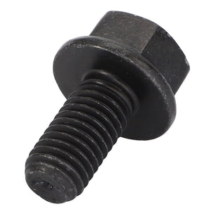 A black, hexagonal AGCO Hexagon Flange Bolt - Acw0775900 with an attached washer, displayed against a white background, reminiscent of the precision engineering found in Massey Ferguson Dyna tractors.