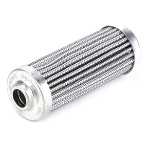 A cylindrical metal mesh filter with metallic end caps, designed as the Hydraulic Filter Cartridge - F931962025010 by AGCO.
