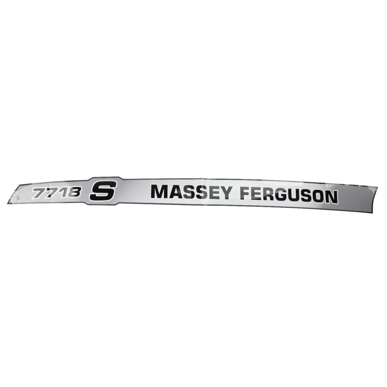 A metal badge labeled "AGCO | Decal, Left Hand - Acw3587310" features the text "7713 S MASSEY FERGUSON" in black lettering on a silver background. No further product description information is available for this item.